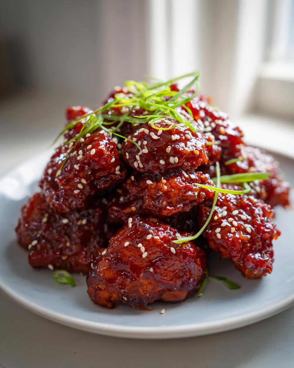 A pile of sticky, dark red glazed gochujang chicken pieces topped with white sesame seeds and sliced green onions.