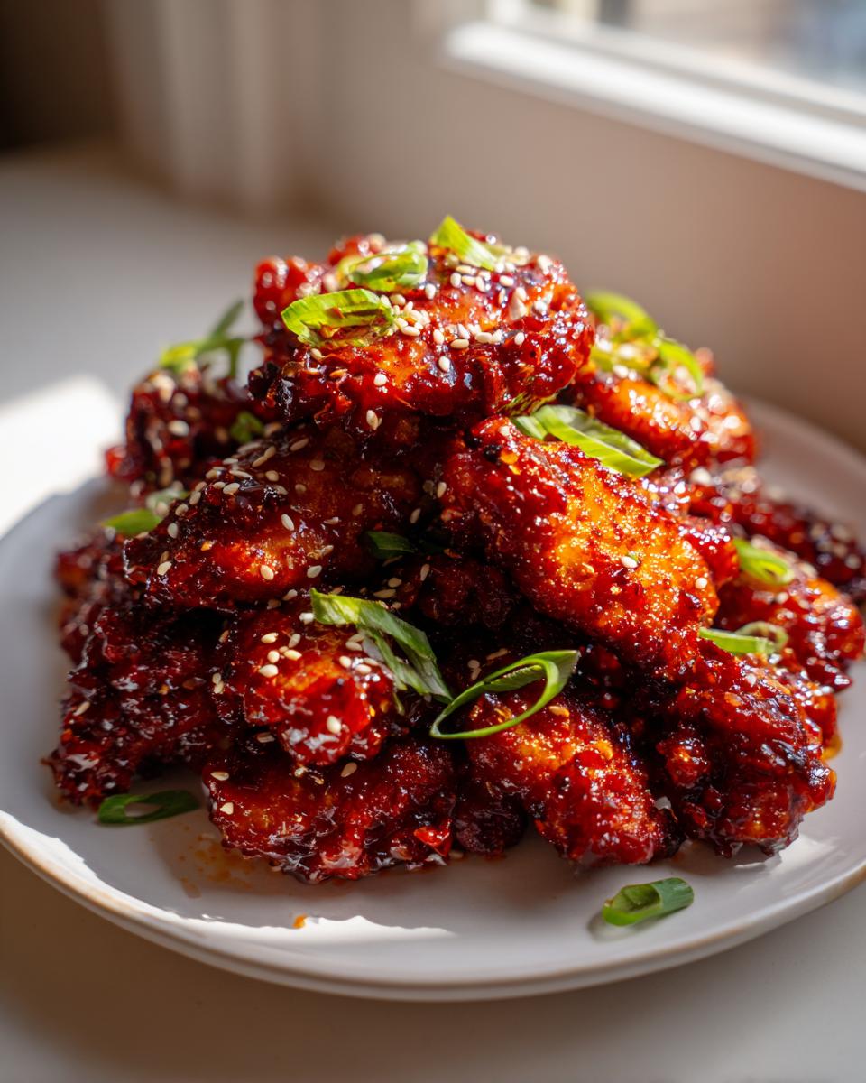 A close-up of crispy, glazed gochujang chicken wings garnished with sesame seeds and sliced green onions.
