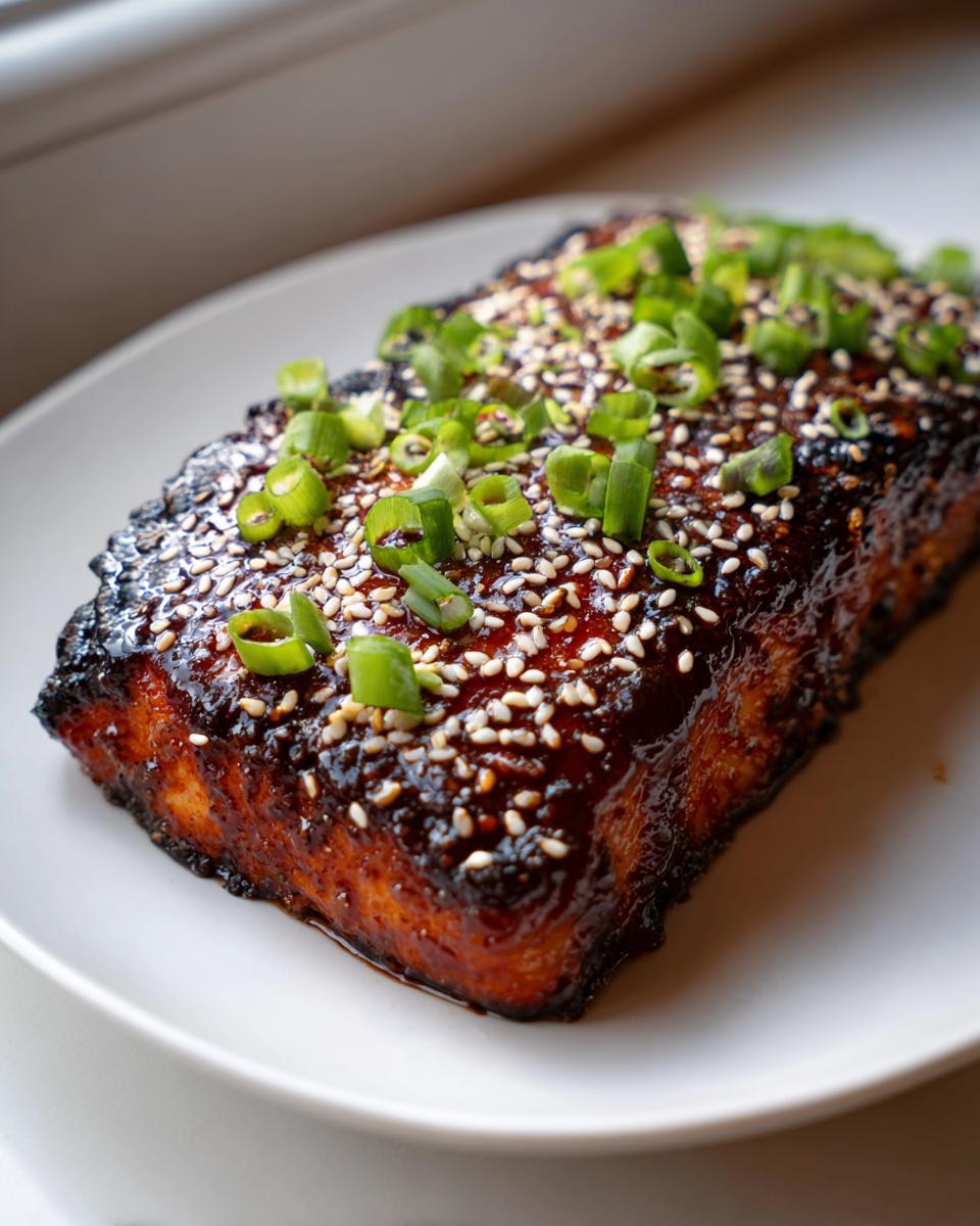 Close-up of a perfectly cooked piece of teriyaki salmon glazed dark brown and topped with white sesame seeds and chopped green onions.