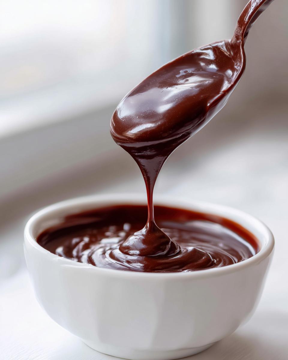 A spoonful of thick, glossy chocolate sauce drips back into a small white bowl.