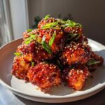 A pile of crispy, glazed gochujang chicken pieces topped with sesame seeds and sliced green onions on a light plate.