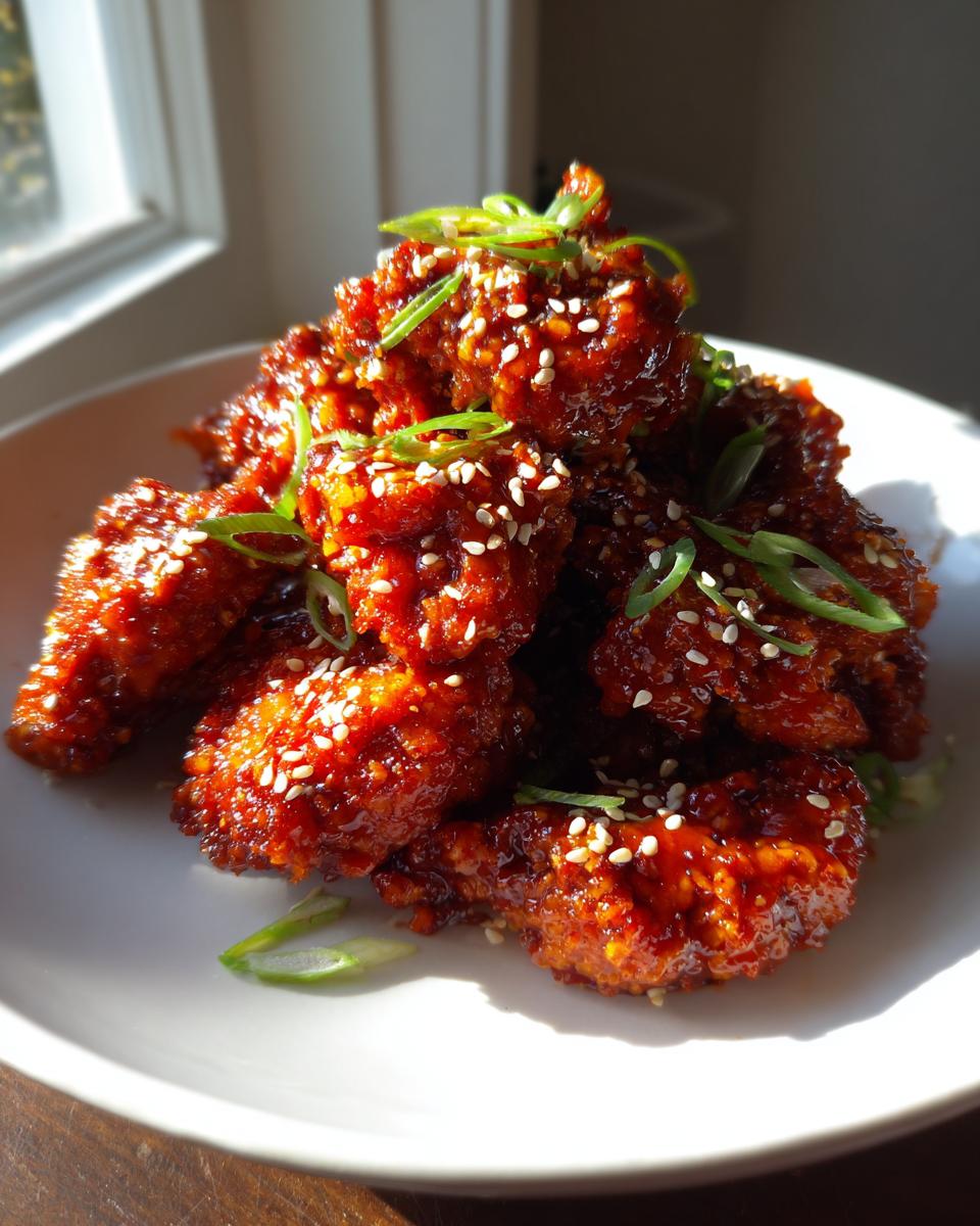 A mound of sticky, bright red gochujang chicken pieces garnished with sesame seeds and green onions.