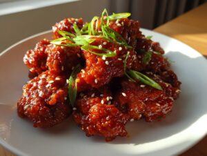 Close-up of sticky, glazed gochujang chicken pieces garnished with sesame seeds and green onions on a white plate.