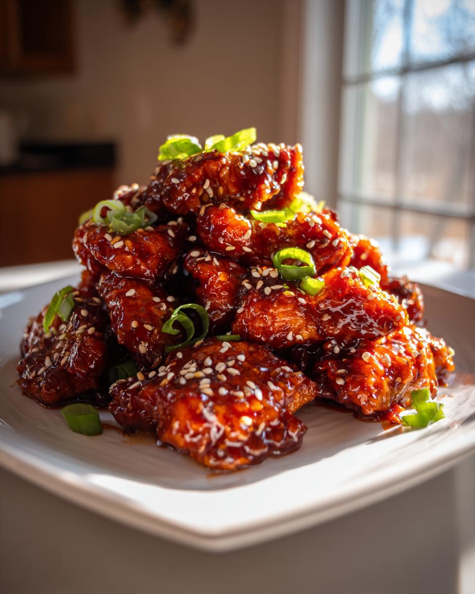A pile of sticky, glazed gochujang chicken pieces topped with sesame seeds and green onions.