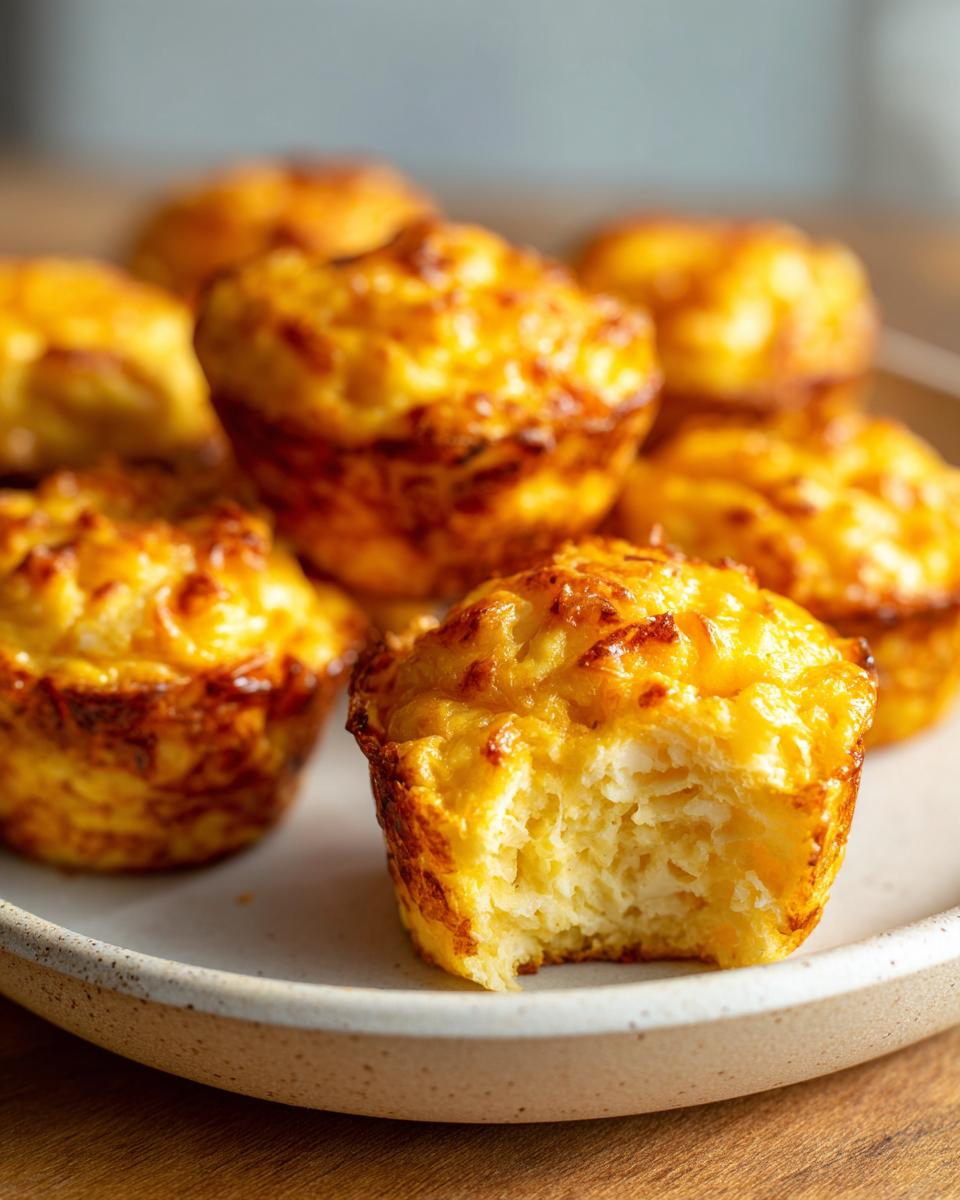 Close-up of several golden brown, baked egg bites, with one in the foreground having a bite taken out, showing the fluffy interior.