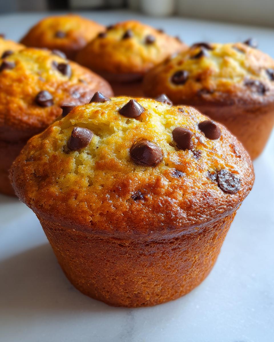 Close-up of a perfectly baked banana chocolate chip muffin topped with melted chocolate chips.