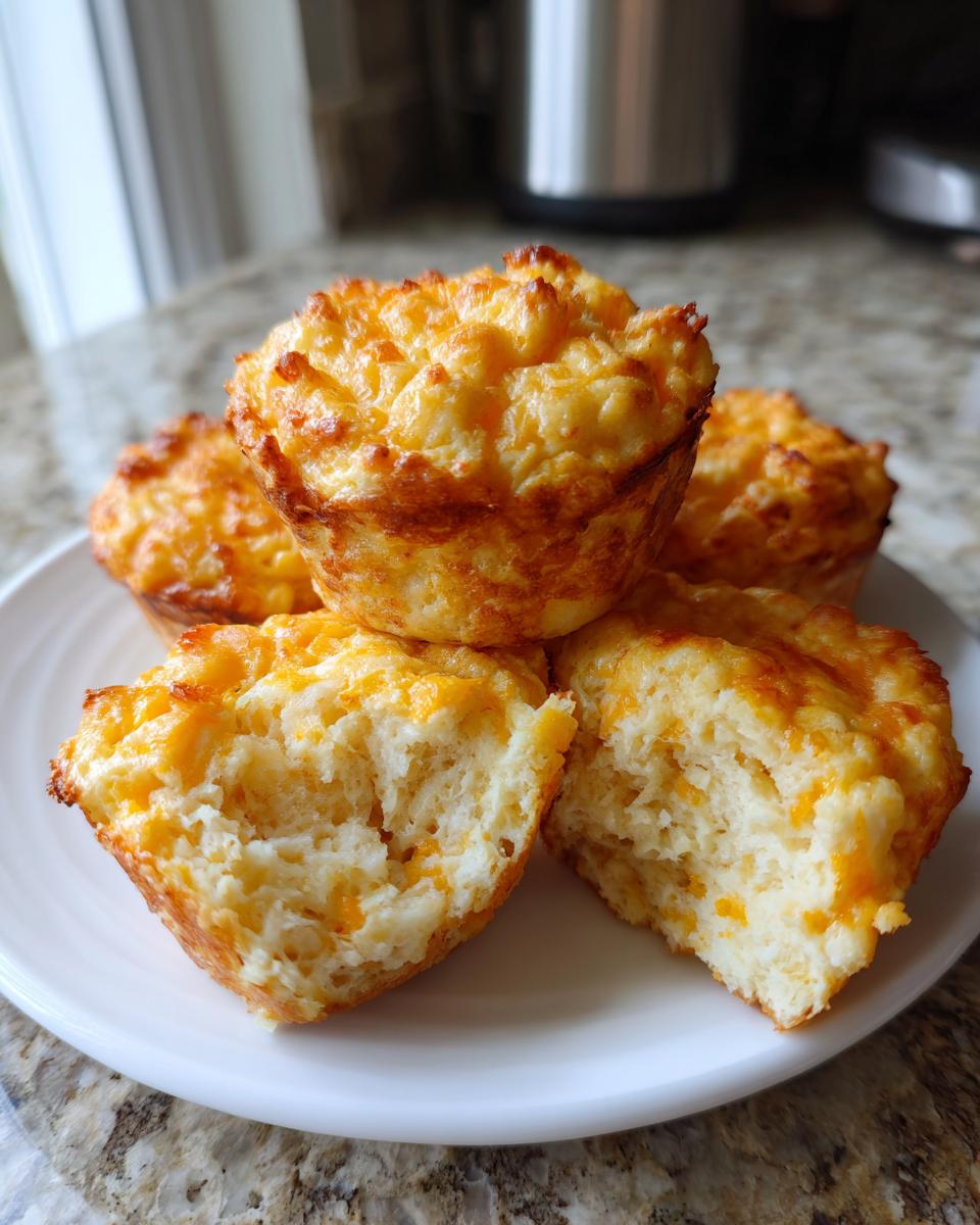 A stack of four golden brown, cheesy egg bites on a white plate, one is broken open showing the fluffy interior.