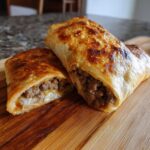 Close-up of two crispy, golden brown Chimichangas, one cut open showing seasoned ground beef and melted cheese filling.