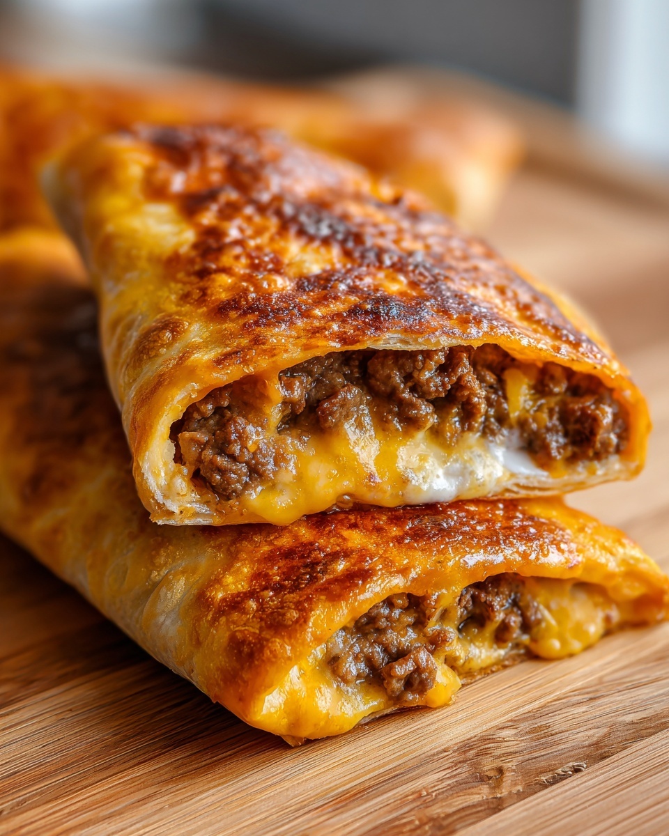 Close-up of two crispy, golden brown Chimichangas cut in half, revealing a savory ground beef and melted cheese filling.