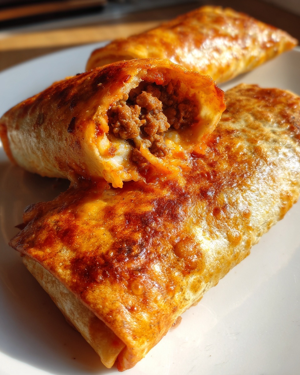 Close-up of a crispy, golden brown chimichangas, one cut open to show the seasoned ground beef filling.