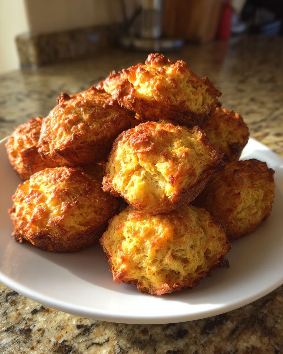 A stack of freshly baked, golden brown cream cheese sausage balls piled high on a white plate.