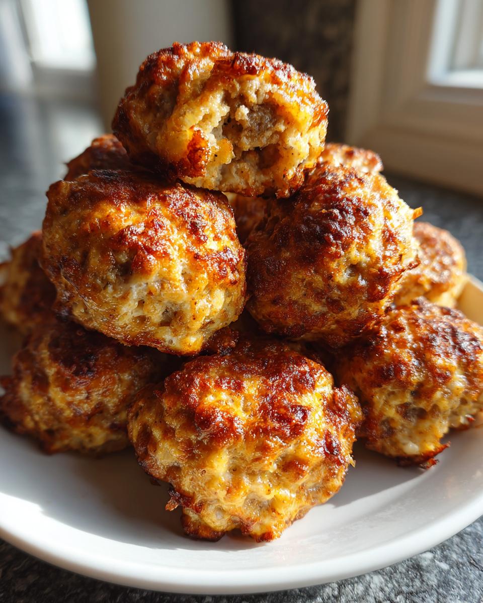 A stack of golden brown, freshly baked cream cheese sausage balls piled high on a white plate.