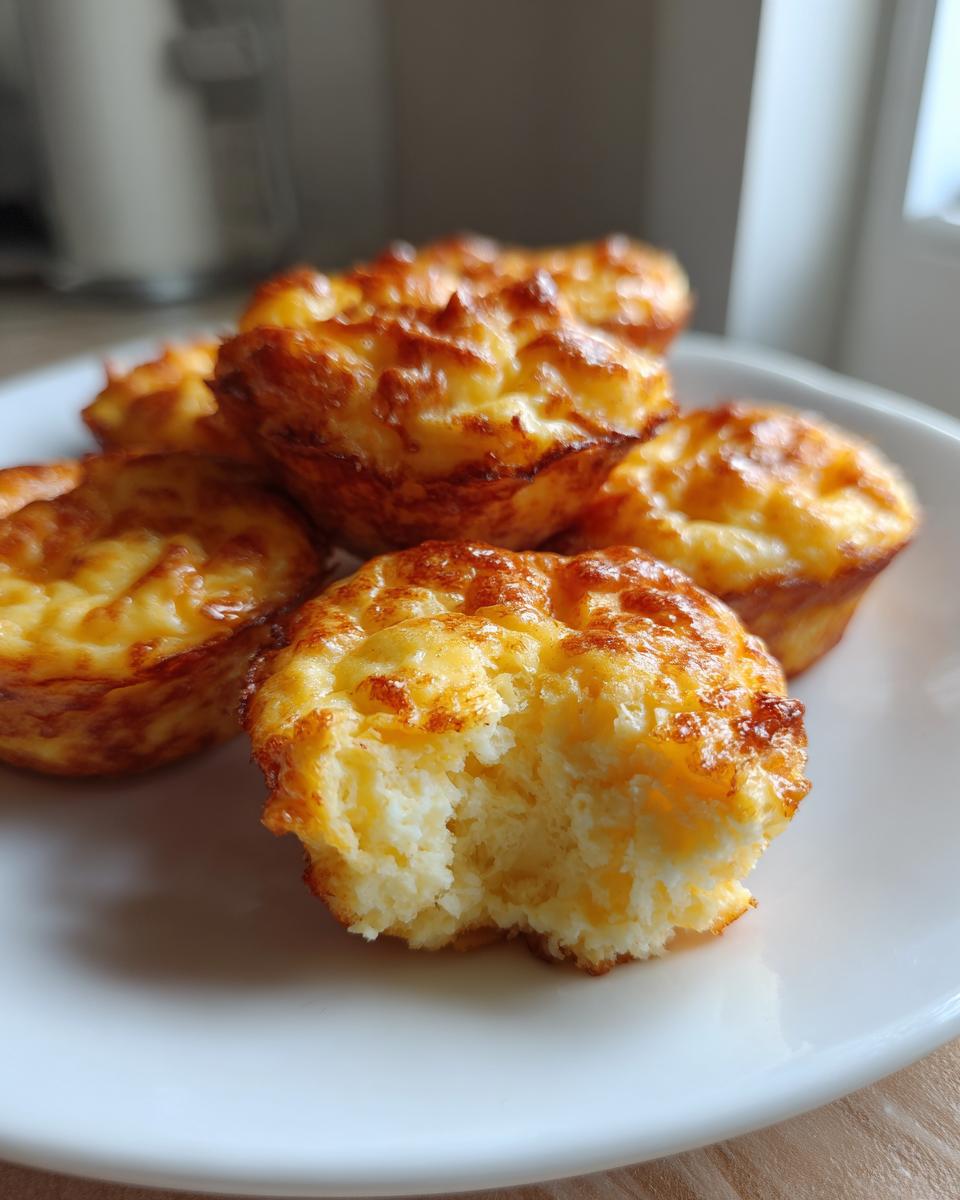 Close-up of several golden brown, fluffy egg bites on a white plate, one having a bite taken out.