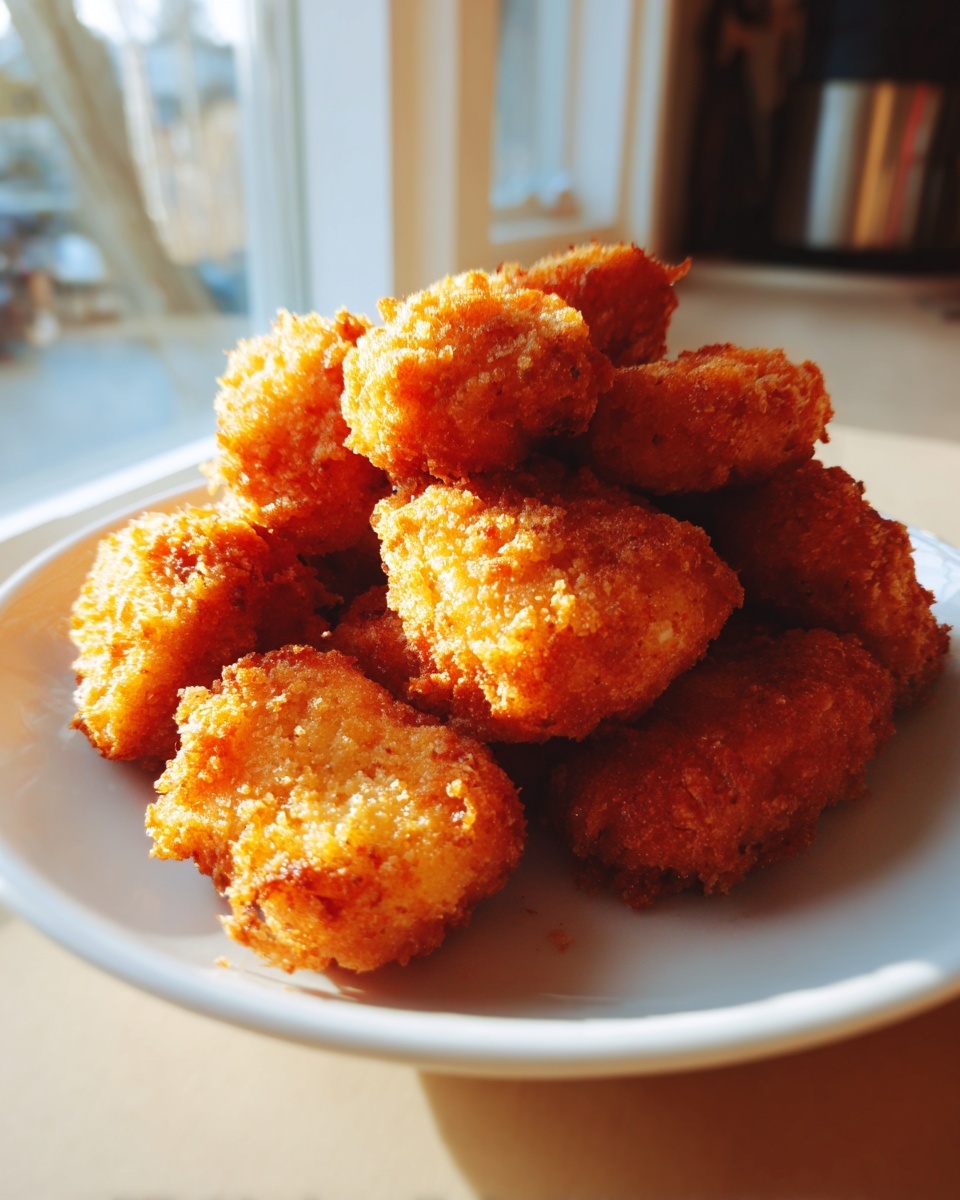 A pile of golden brown, crispy homemade chicken nuggets stacked on a white plate, bathed in sunlight.