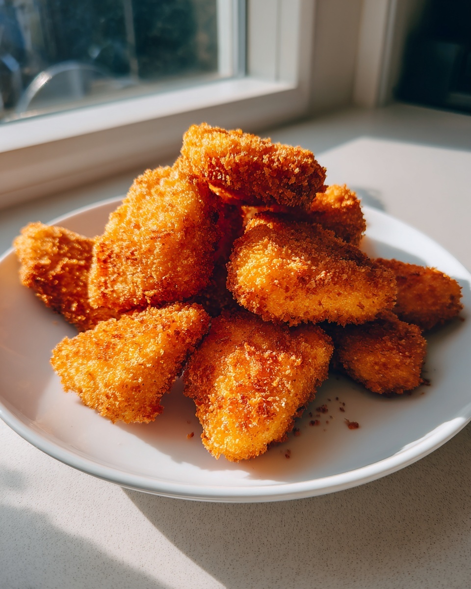A pile of golden brown, crispy homemade chicken nuggets stacked on a white plate near a sunlit window.