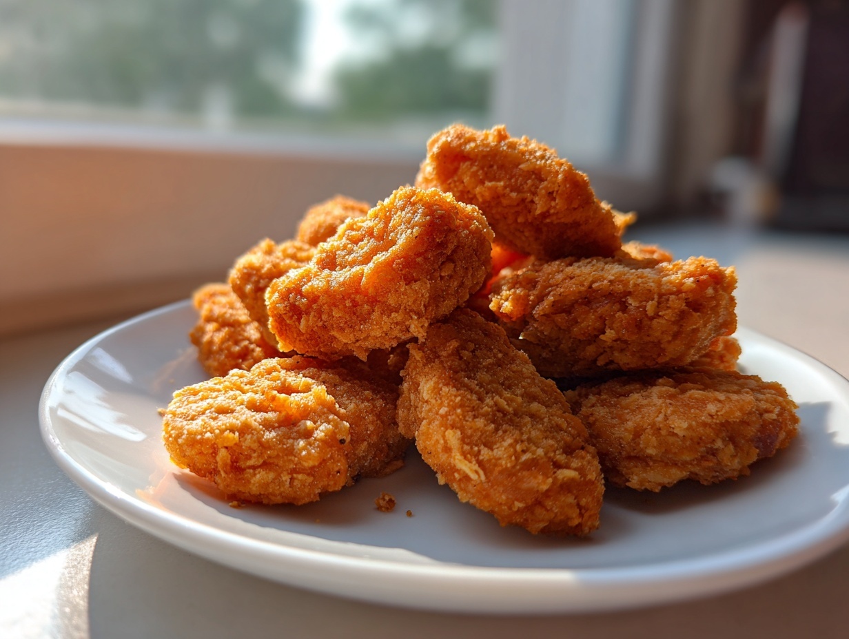 A pile of crispy, golden homemade chicken nuggets stacked on a small white plate near a window.