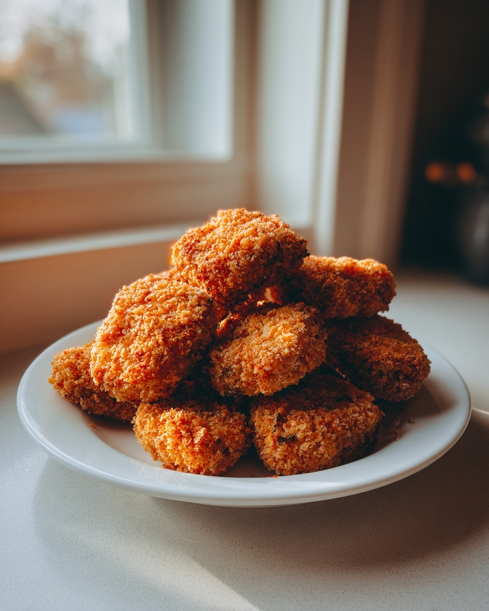 A pile of golden brown, crispy homemade chicken nuggets stacked high on a small white plate.