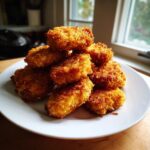 A pile of crispy, golden homemade chicken nuggets stacked high on a white plate.