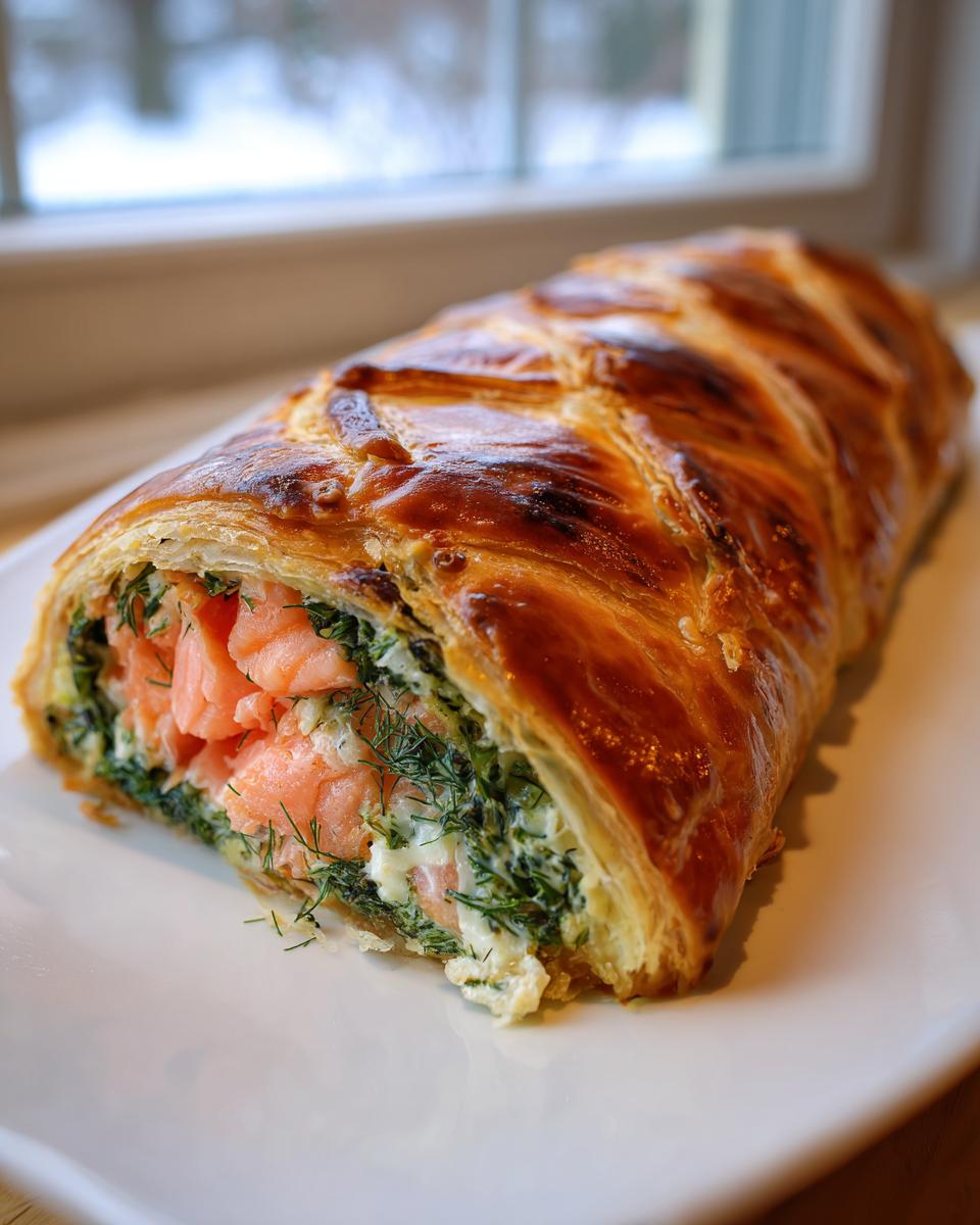 A close-up of a freshly baked salmon wellington showing flaky pastry and salmon filling.