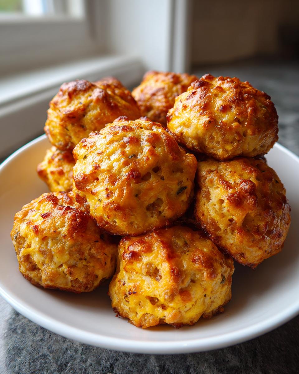 A close-up of several golden brown, baked sausage balls piled high in a white bowl.