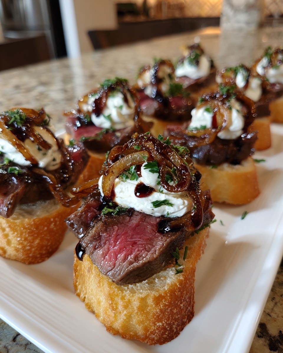 Close-up of perfectly cooked steak crostini topped with creamy cheese, caramelized onions, and balsamic glaze.