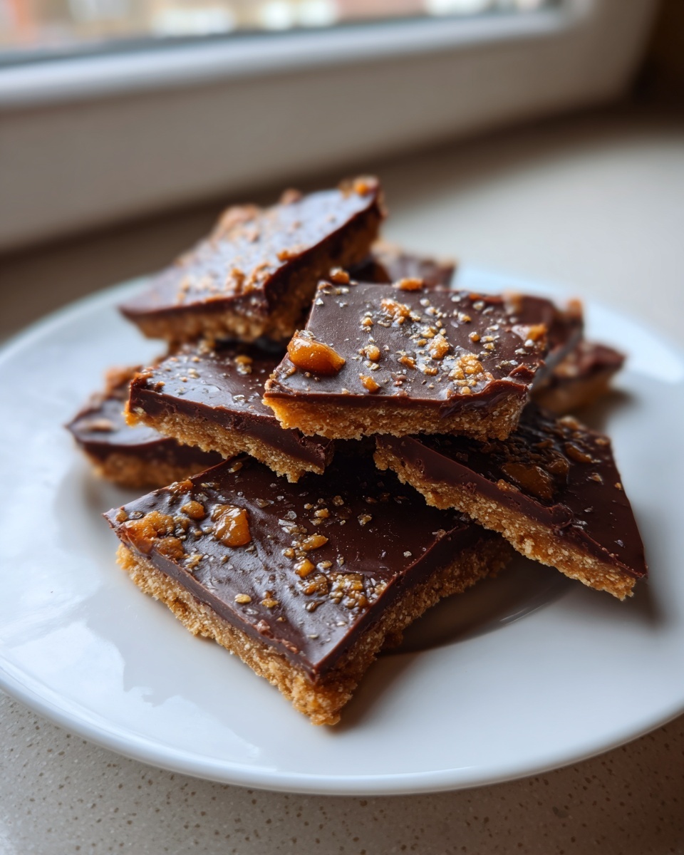Stack of square pieces of graham cracker toffee topped with melted chocolate and toffee bits.