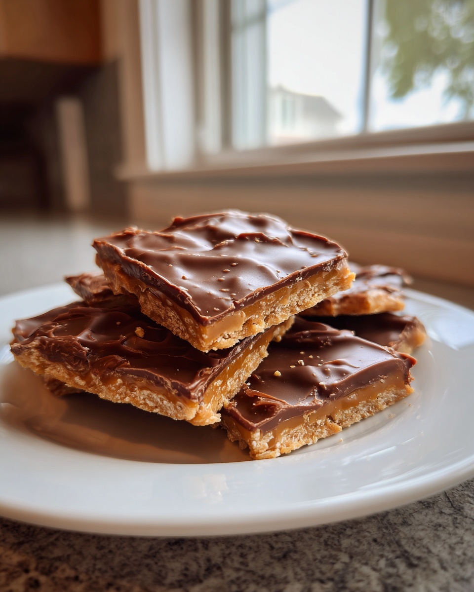 A stack of rich graham cracker toffee squares topped with melted chocolate, resting on a white plate.
