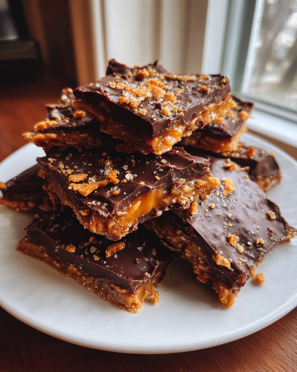 A stack of rich graham cracker toffee squares topped with dark chocolate and sea salt.