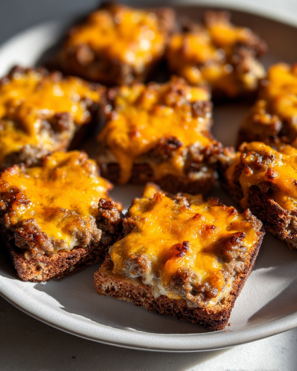 Close-up of several toasted bread squares topped with savory ground meat mixture and melted cheddar cheese, showcasing the hanky panky recipe.