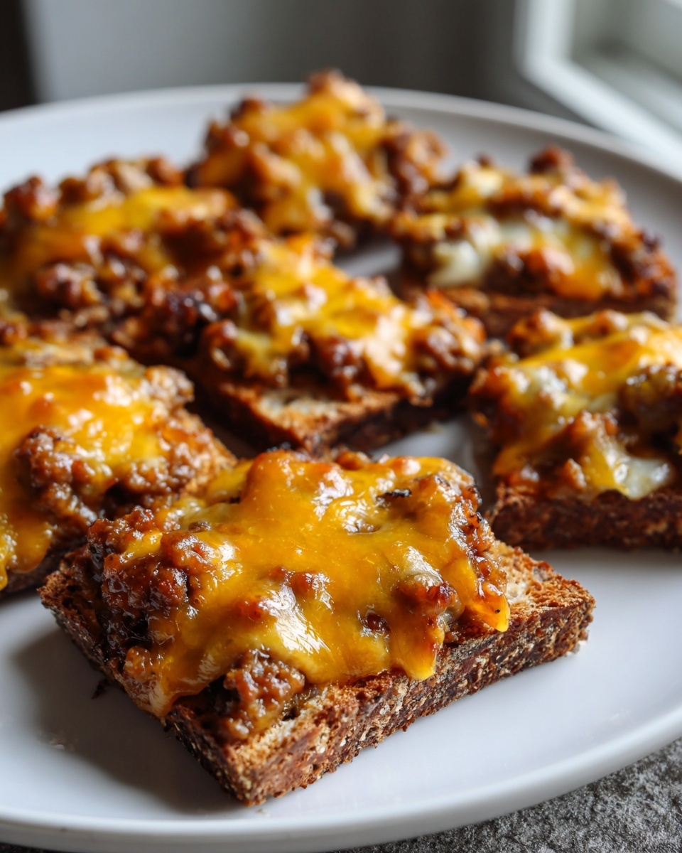 Close-up of several pieces of toast topped with savory ground meat mixture and melted cheddar cheese, part of a hanky panky recipe.