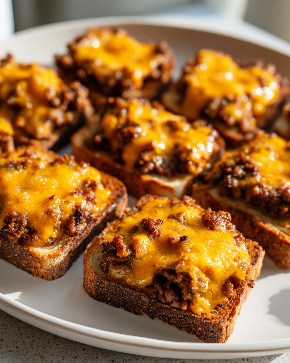 Several pieces of toasted bread topped with savory ground meat mixture and melted cheddar cheese, representing a hanky panky recipe.