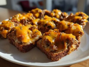 Close-up of several small toasts topped with savory meat mixture and melted orange cheddar cheese, part of a hanky panky recipe.