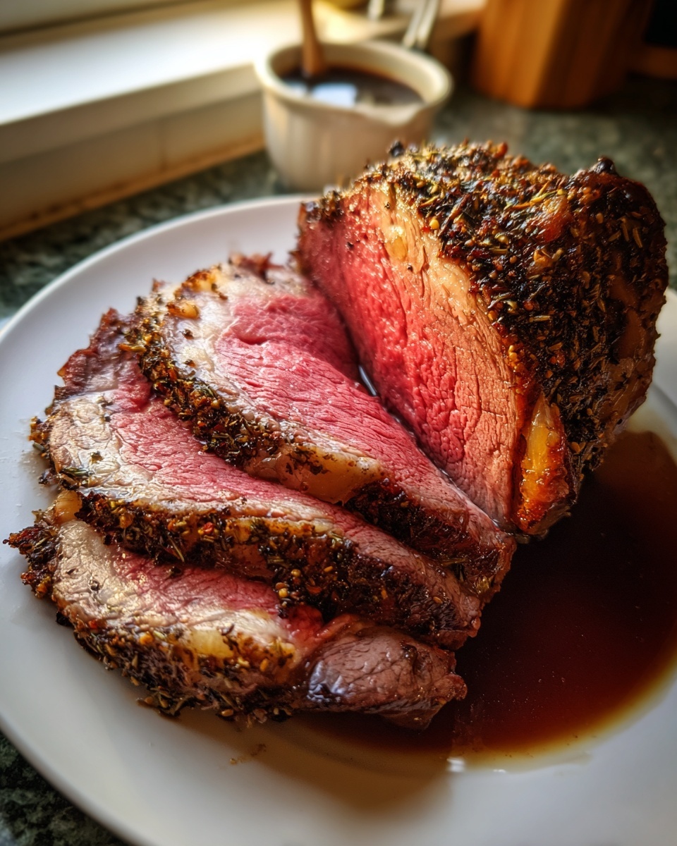 Close-up of a perfectly cooked, medium-rare rib roast, sliced and resting in its juices on a white plate.