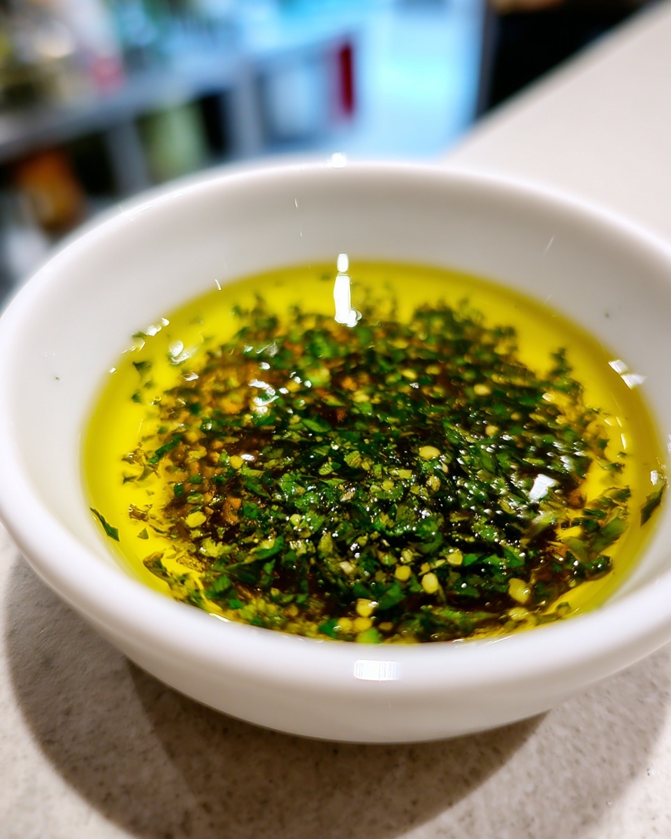 Close-up of vibrant green herbs and spices floating in golden olive oil for an olive oil bread dip in a small white bowl.