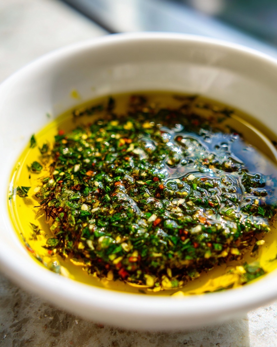 Close-up of a white bowl filled with bright yellow olive oil and a mound of finely chopped green herbs and spices for olive oil bread dip.