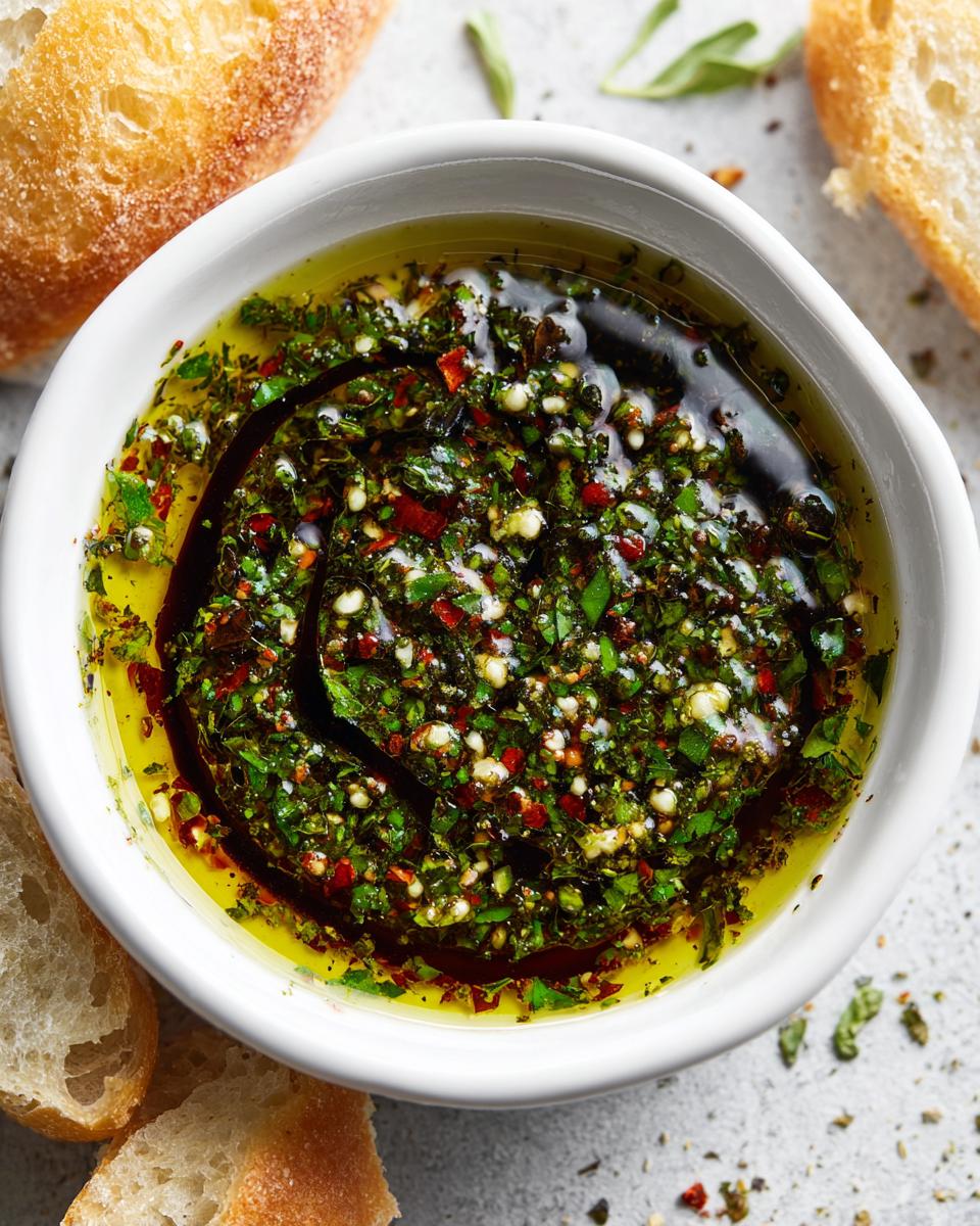 Close-up of a flavorful herb and oil bread dip, featuring green herbs, red pepper flakes, and balsamic swirl, served with crusty bread.