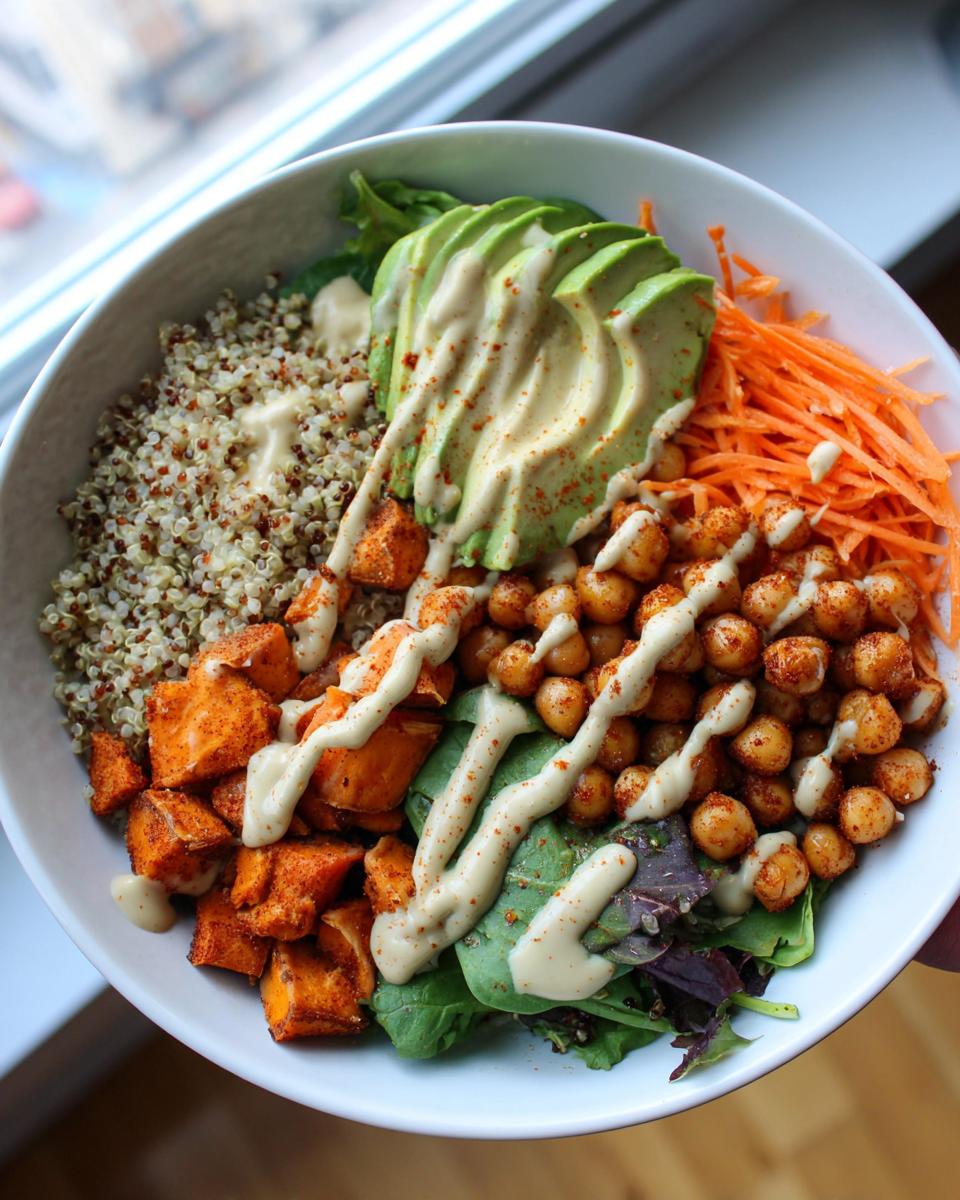 Overhead view of a colorful buddha bowl featuring quinoa, roasted sweet potatoes, chickpeas, avocado, and shredded carrots.
