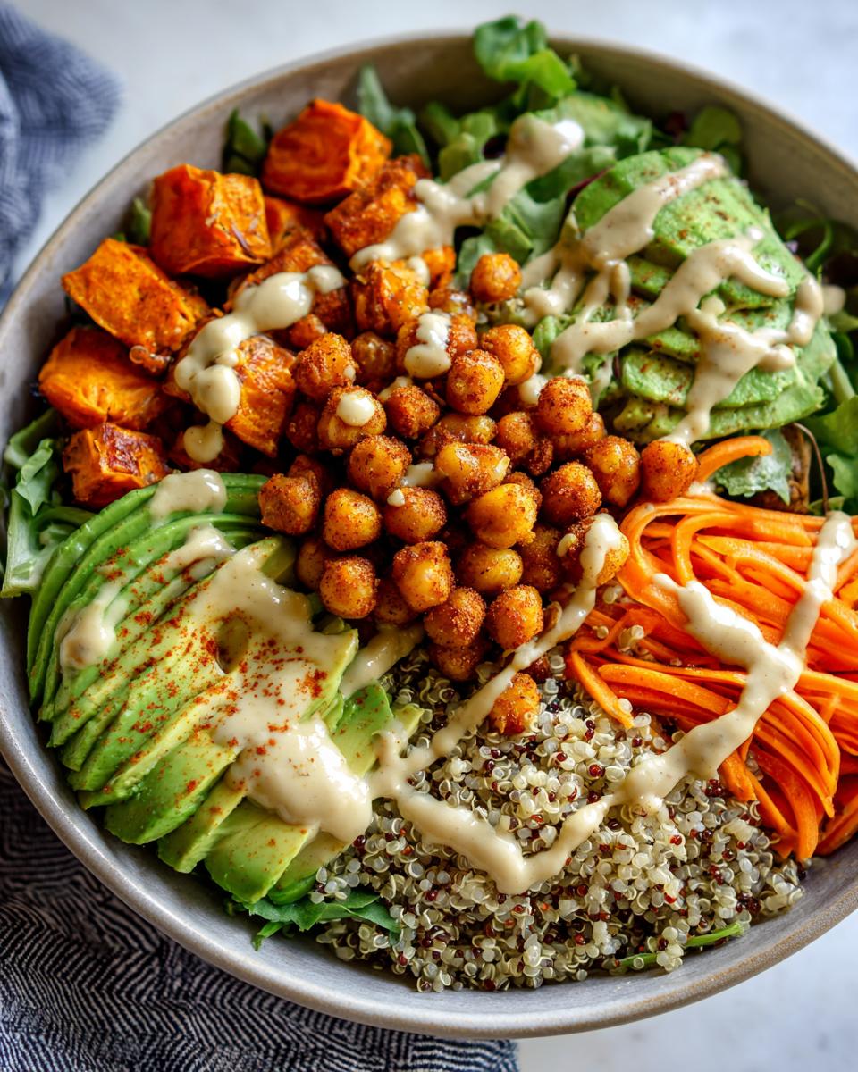 Close-up of a colorful buddha bowl featuring roasted chickpeas, avocado, sweet potato, quinoa, and tahini dressing.