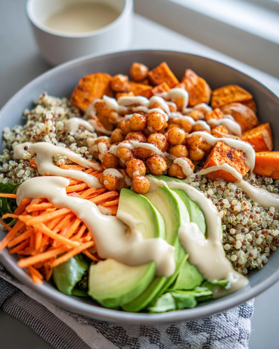Close-up of a vibrant buddha bowl featuring quinoa, roasted chickpeas, sweet potatoes, avocado, shredded carrots, and a creamy tahini dressing.