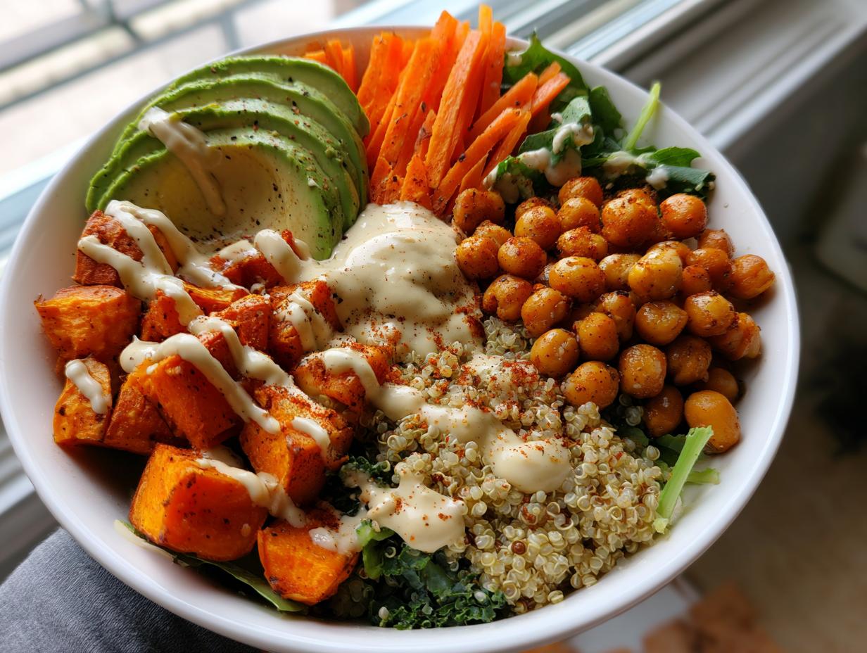 Close-up of a vibrant buddha bowl featuring roasted sweet potatoes, chickpeas, avocado, and quinoa.