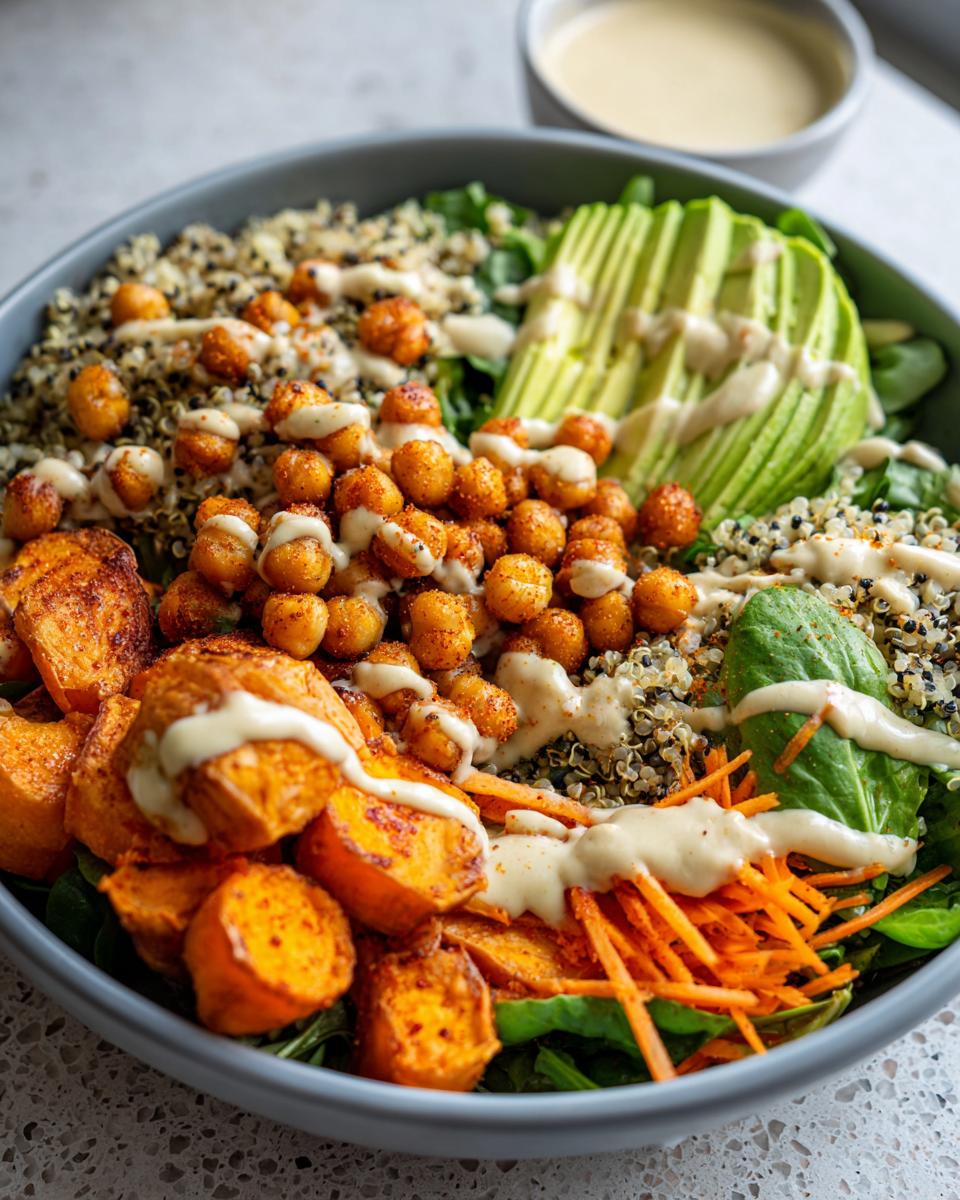 Close-up of a vibrant buddha bowl featuring roasted chickpeas, sweet potatoes, avocado, and quinoa, drizzled with dressing.