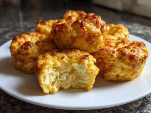 A stack of golden-brown, fluffy egg bites on a white plate, with one showing a bite taken out.