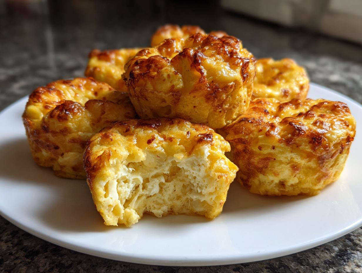A stack of golden-brown, fluffy egg bites on a white plate, with one showing a bite taken out.