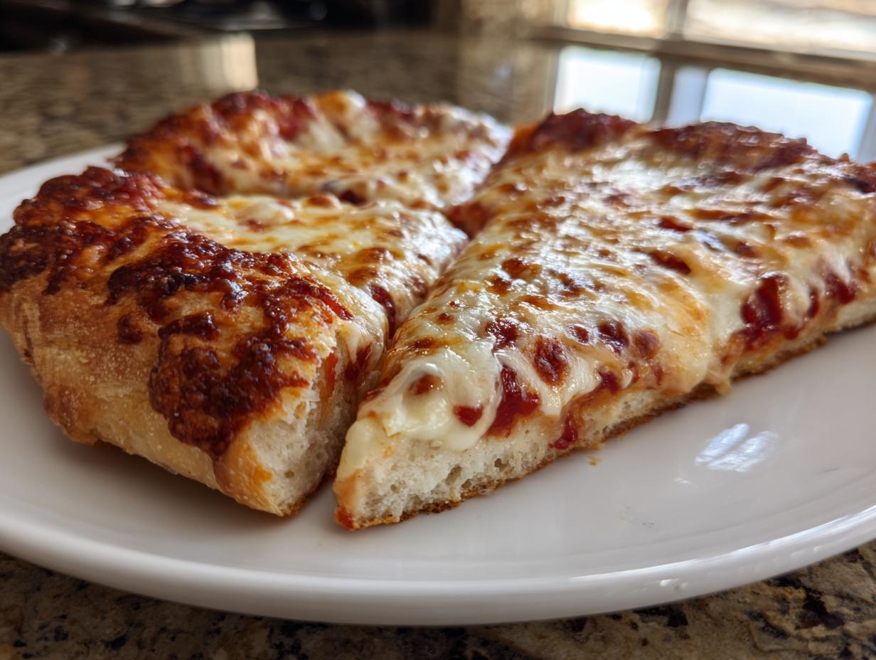 Close-up of two slices of homemade cheese pizza with melted, bubbly cheese on a white plate.