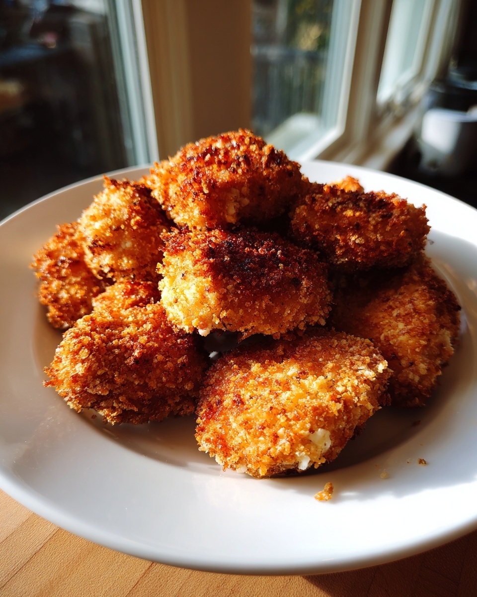 A pile of perfectly golden, crispy homemade chicken nuggets stacked on a white plate near a window.