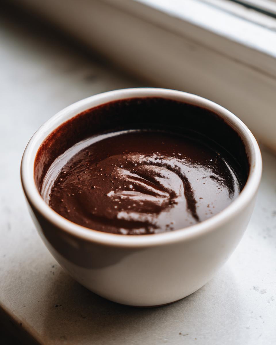 Close-up of thick, glossy homemade chocolate sauce in a small white bowl.