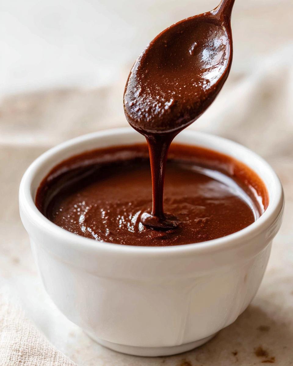 A spoonful of thick, glossy homemade chocolate sauce drips back into a white ramekin.