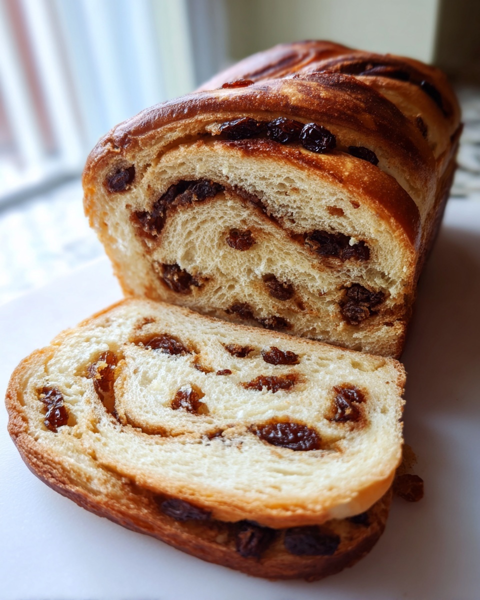 A freshly baked loaf of raisin bread with one thick slice cut, showing the swirl of raisins inside.
