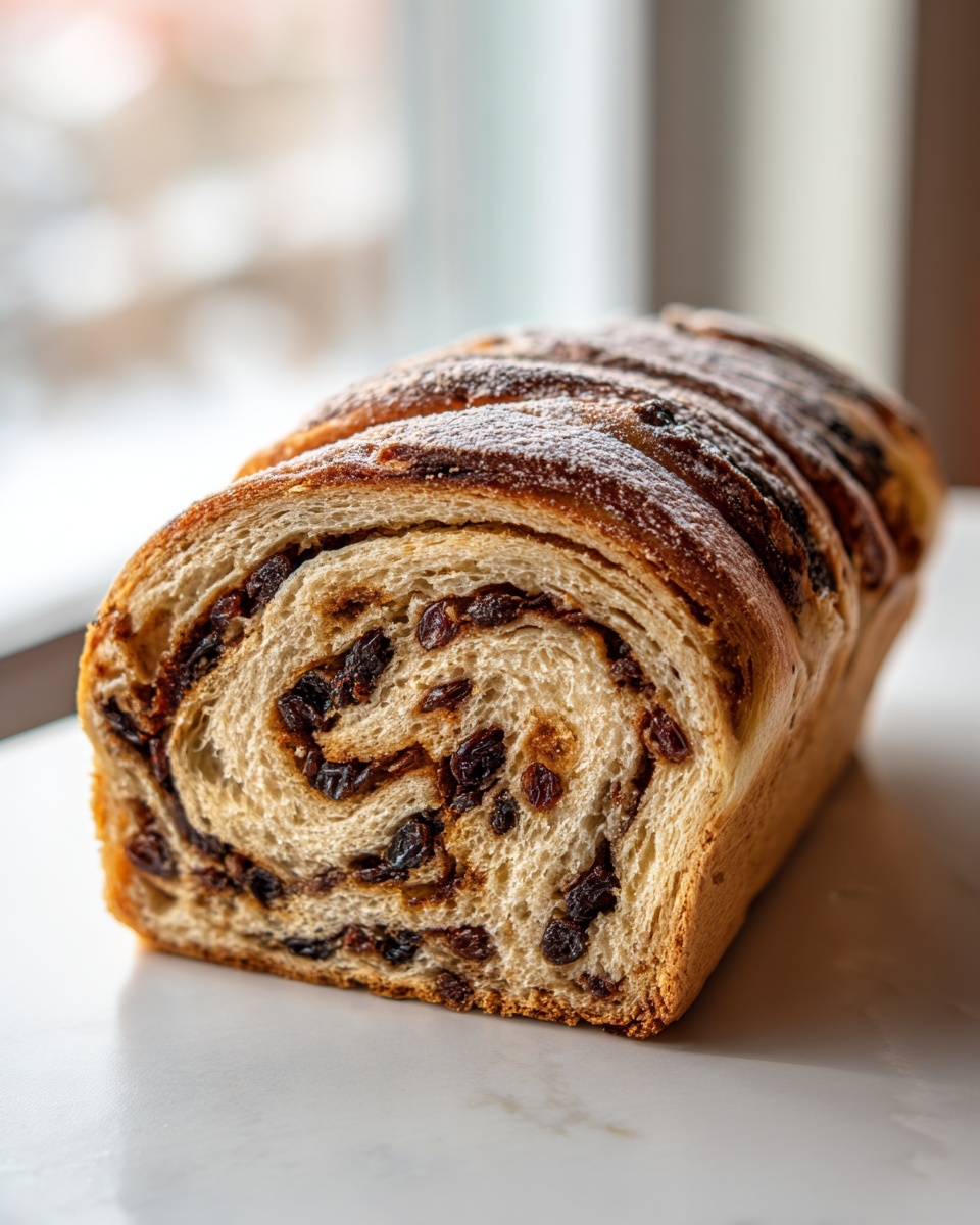 Close-up of a freshly baked loaf of raisin bread showing the beautiful swirl pattern filled with dark raisins.