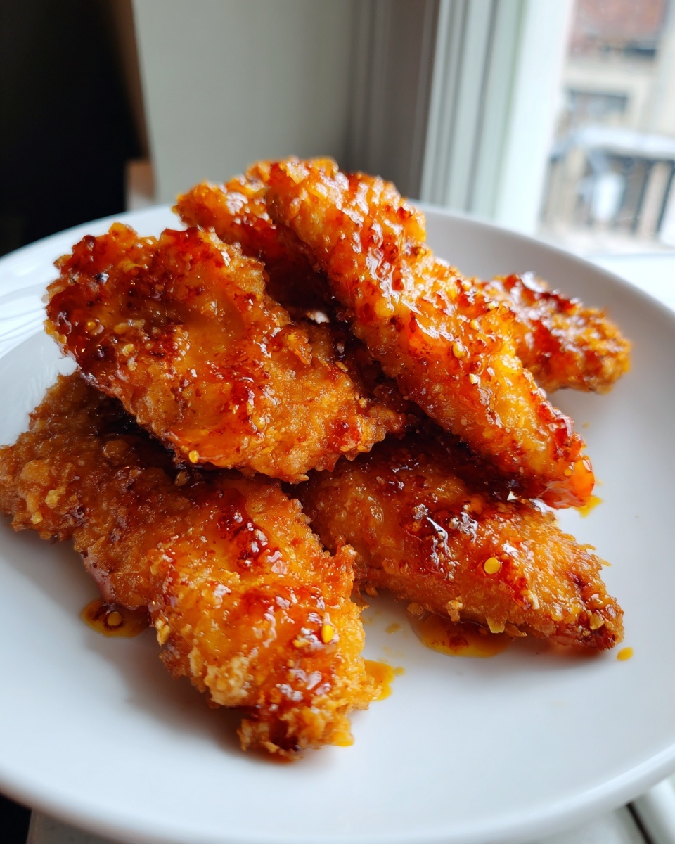 Close-up of crispy, golden hot honey chicken tenders generously coated in a shiny, spicy glaze.